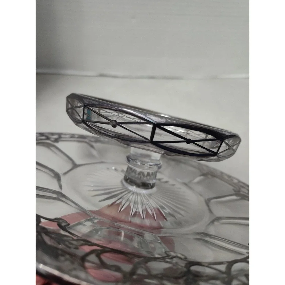 Sterling Silver Overlay Tiered Tray Cut Crystal Star Bottom Ornate Heisey Clear